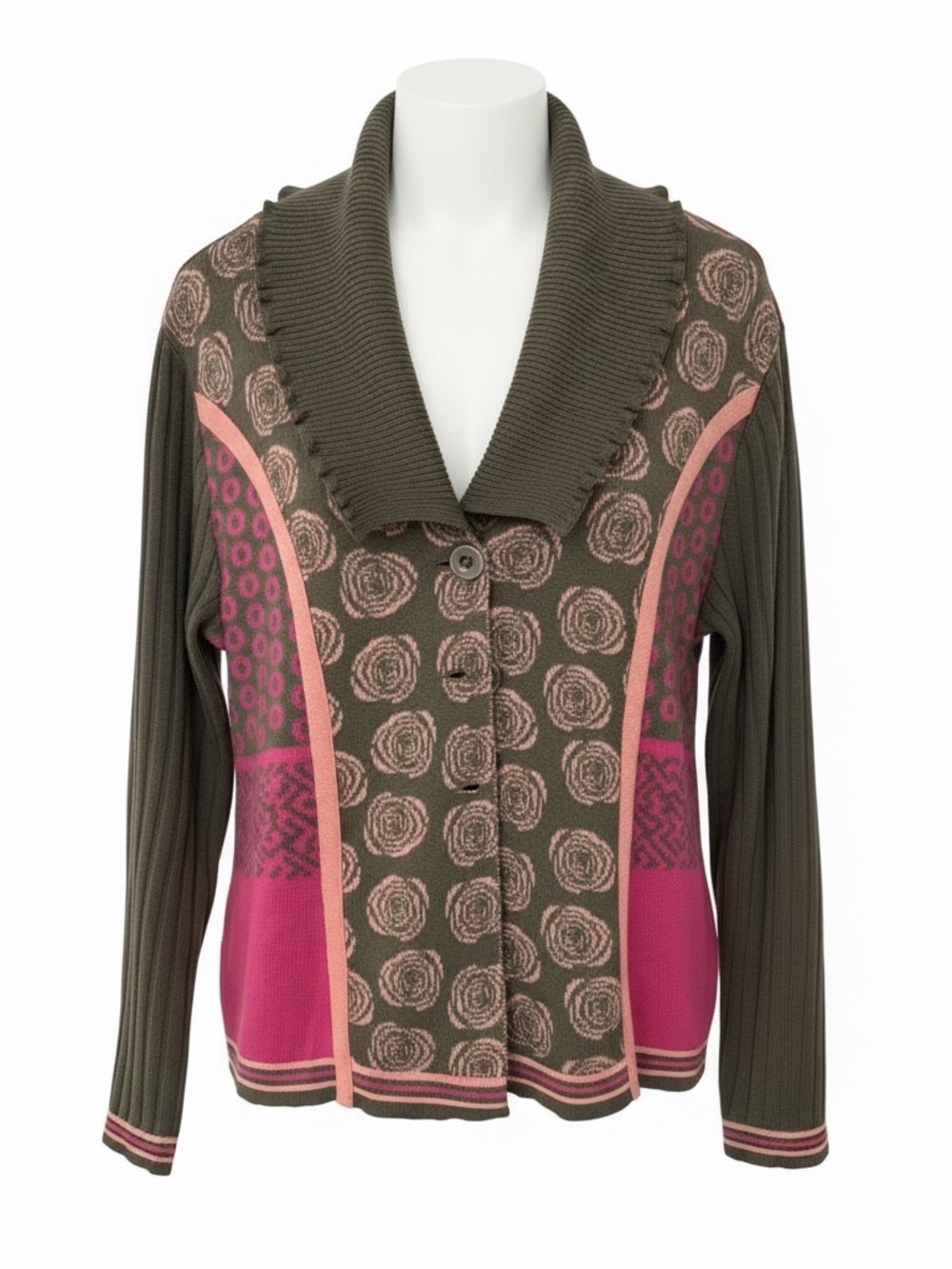 Skovhuus Cardigan Sweater M Pink Olive Geometric Abstract Danish Knit
